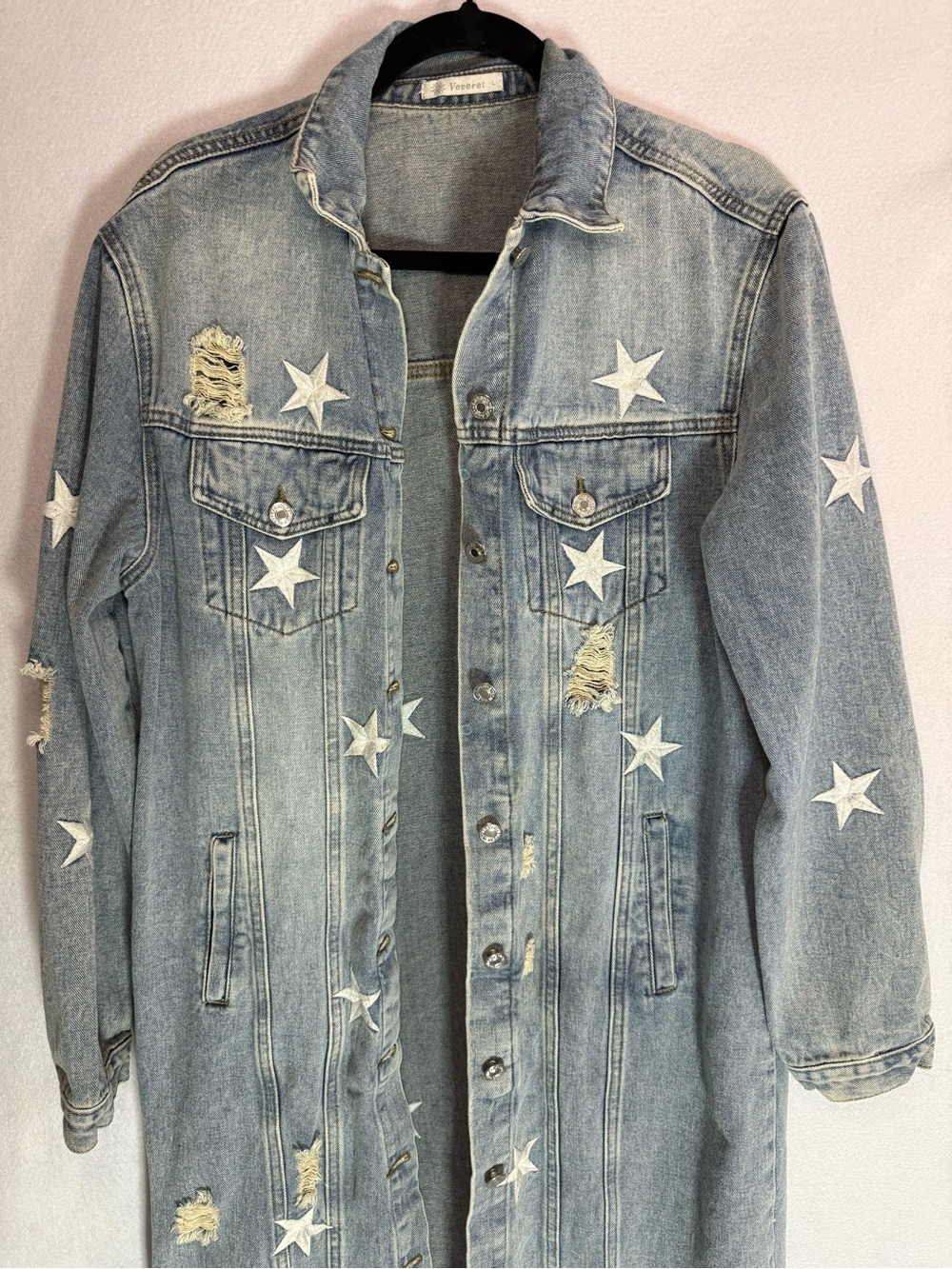 BKE Veveret - Star-Print Distressed Denim Duster Jacket - Size L